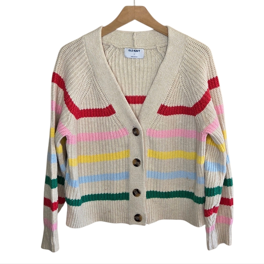 Old Navy Colorful Striped Knit Shaker Stitch Button Cardigan Sweater Size Small